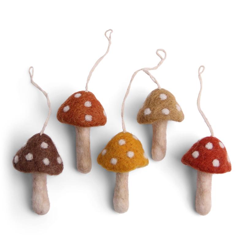 set of 5 mushrooms ornaments