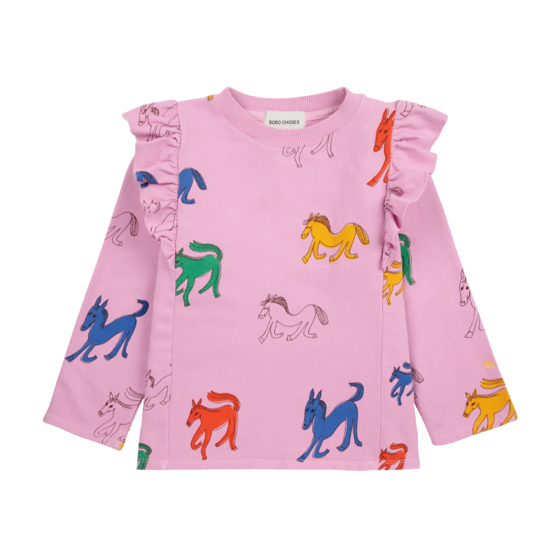 bobo choses wonder horse all over ruffle sweatshirt pink