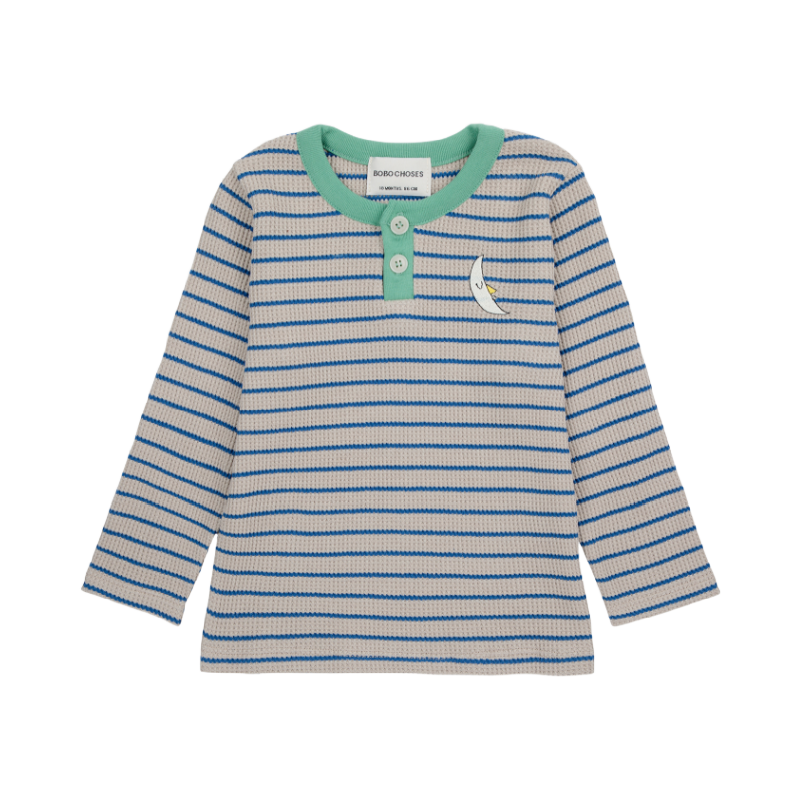 bobo choses stripes waffle buttoned baby long sleeve t-shirt blue