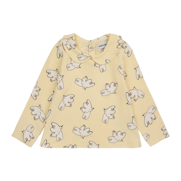 bobo choses freedom bird all over baby long sleeve collar t-shirt light yellow