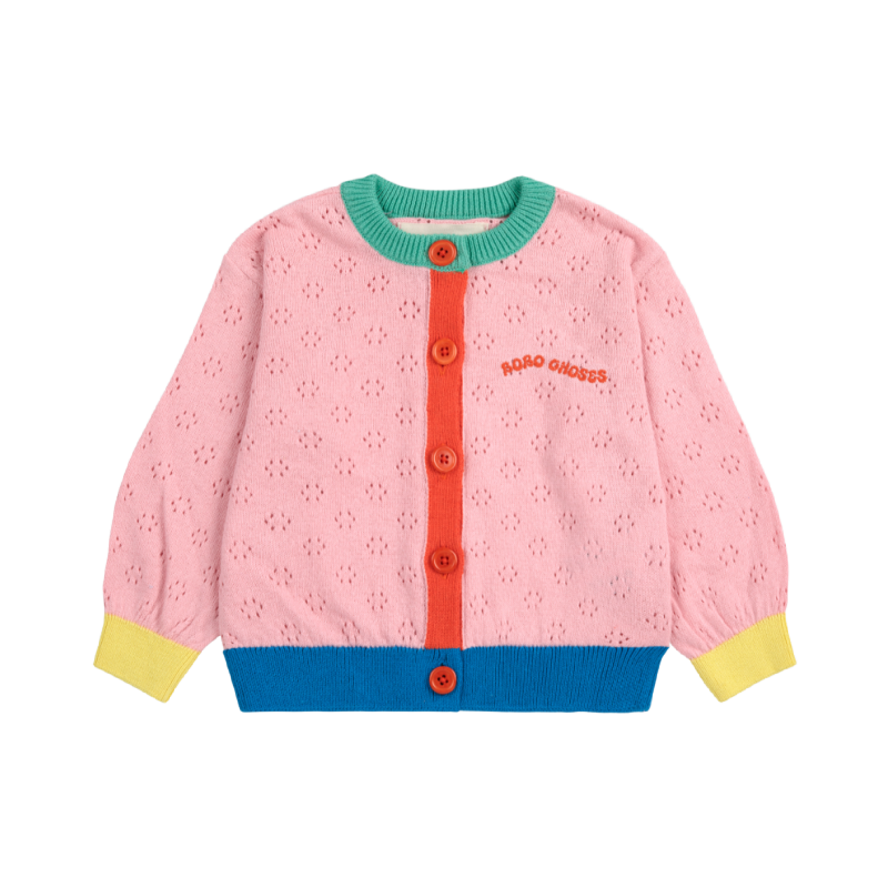 bobo choses color block open work cardigan light pink