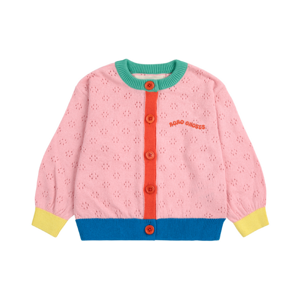 bobo choses color block open work cardigan light pink