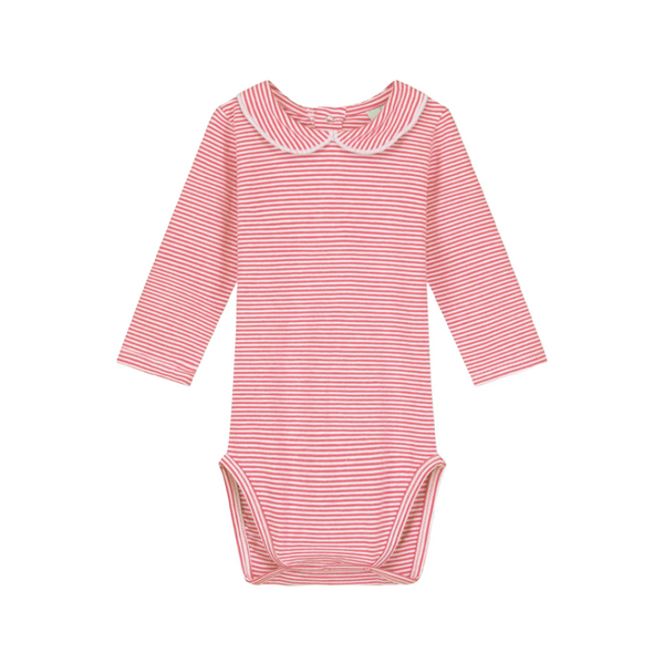 gray label baby collar onesie cherry/cream