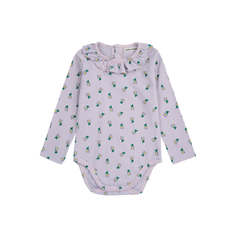 bobo choses pansy flower ruffle baby body lavender