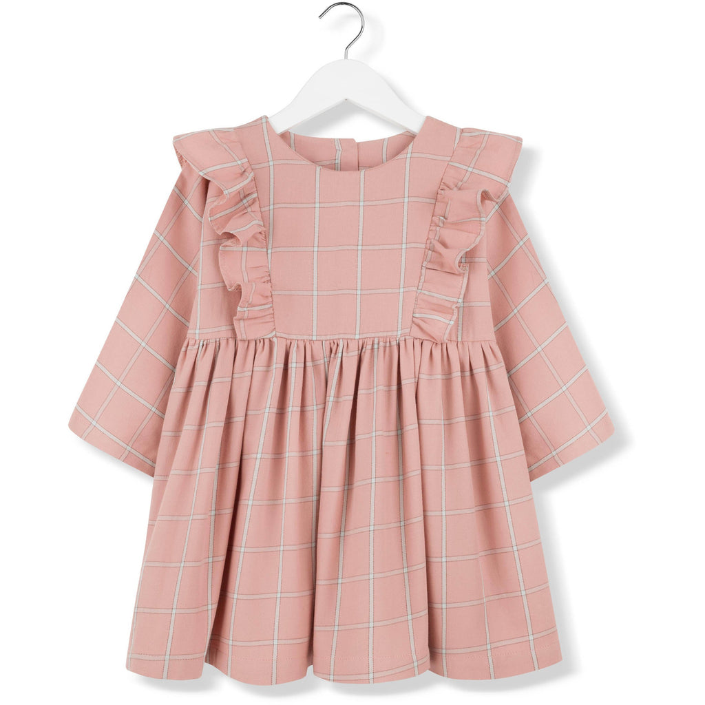 kids on the moon plaid frill dress coral, girls dresses at kodomo boston free shipping