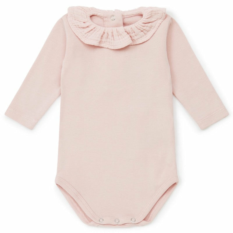 Long Sleeve Bodysuit Top with Ruffled Collar, for Babies - white