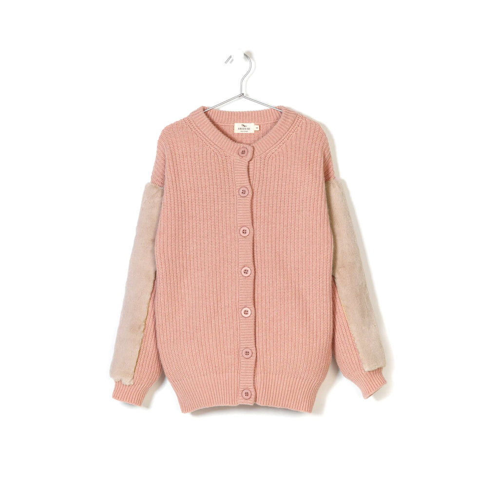 andorine faux fur trimmed knit cardigan pink - kodomo tops - children's clothing in boston, andorine - bobo choses, atsuyo et akiko, belle enfant, mamma couture, moi, my little cozmo, nico nico