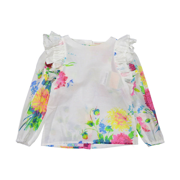 morley lara big flores top in white with floral print, featuring delicate ruffled shoulders. new morley summer available at kodomo boston.